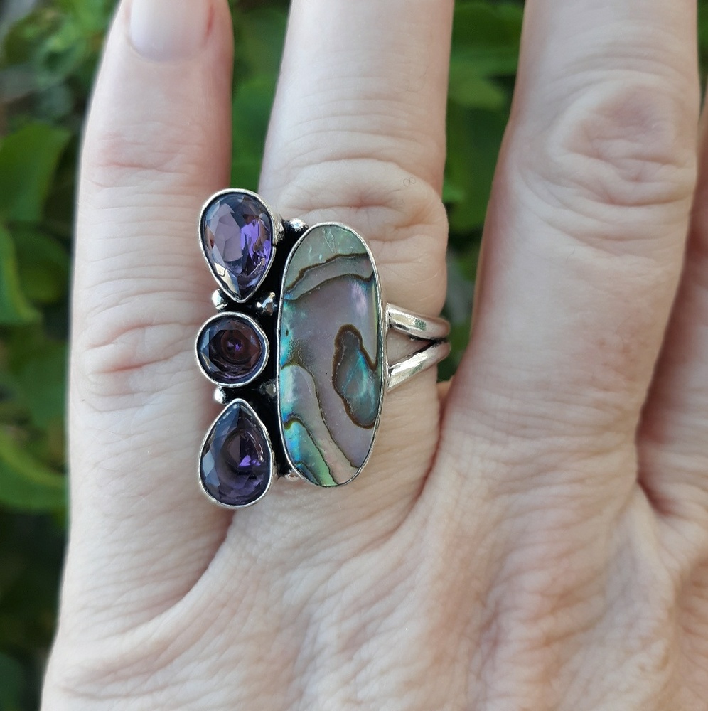 New Abalone Shell and Amethyst 925 Silver Ring.